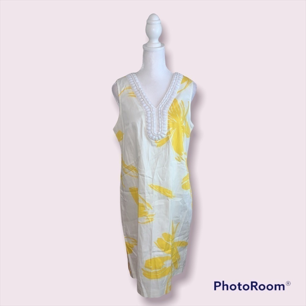 Sandra Darren Yellow White Floral Beaded V-Neck Sheath Dress Size 10 NWT